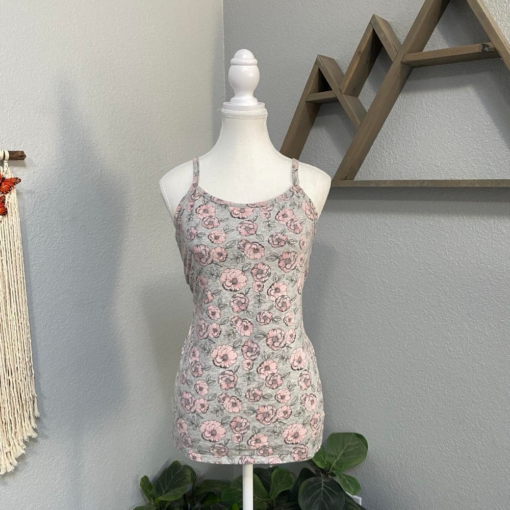 DULUTH TRADING CO GREY PINK FLORAL TANK TOP BUILT IN SHELF BRA Y2K COTTAGECORE